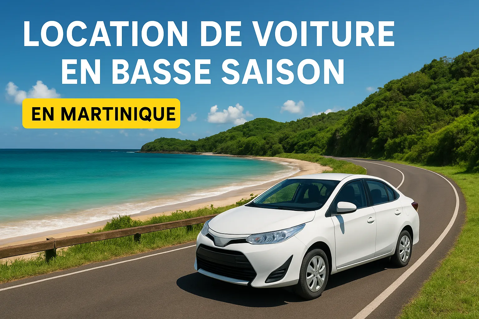 Location de voiture en basse saison en Martinique avec routes calmes, voiture familiale et plage déserte