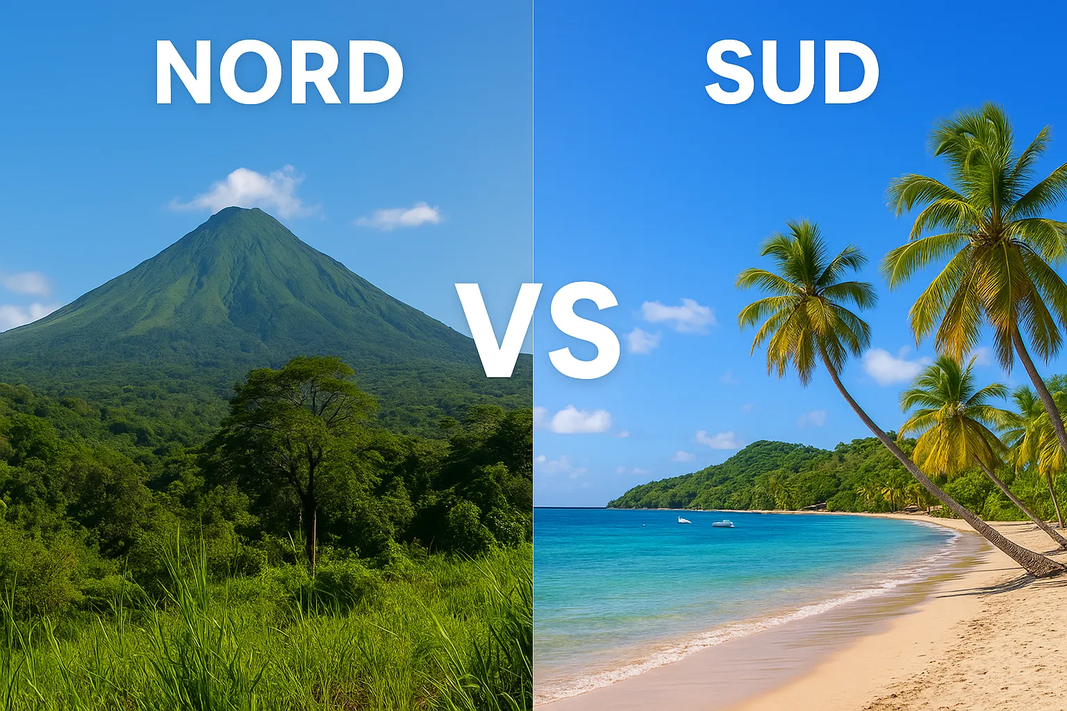 Nord vs Sud de la Martinique : sable blanc au sud, sable noir au nord, lagon turquoise et Montagne Pelée