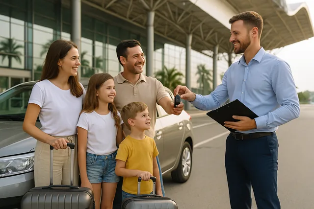 Couple regardant des offres de location de voiture en Martinique sur smartphone, devant une voiture de location