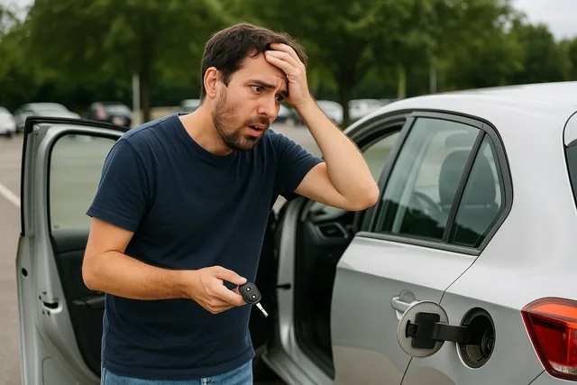 Voyageur inspectant une voiture de location en Martinique avec check-list avant le départ